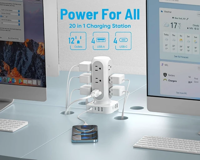 Alt view image 8 of 12 - Flat Plug Power Strip Tower 10FT, 40W Total Fast Charging Station, Dual PD 20W USB-C Surge Protector with 12 AC Outlets and 8 USB Ports (4 USB C), Long Extension Cord for Home Office Dorm Room