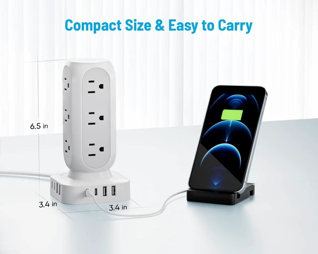 Alt view image 12 of 12 - Flat Plug Power Strip Tower 10FT, 40W Total Fast Charging Station, Dual PD 20W USB-C Surge Protector with 12 AC Outlets and 8 USB Ports (4 USB C), Long Extension Cord for Home Office Dorm Room
