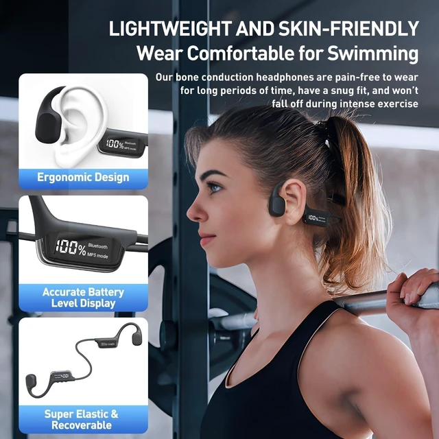 Alt view image 10 of 12 - Swimming Headphones,IPX8 Underwater Swimming Headphone with LED Display,Bone Conduction Swim Headphone Built-in 32G Memory MP3 Player,Open Ear Earphones for Running Cycling