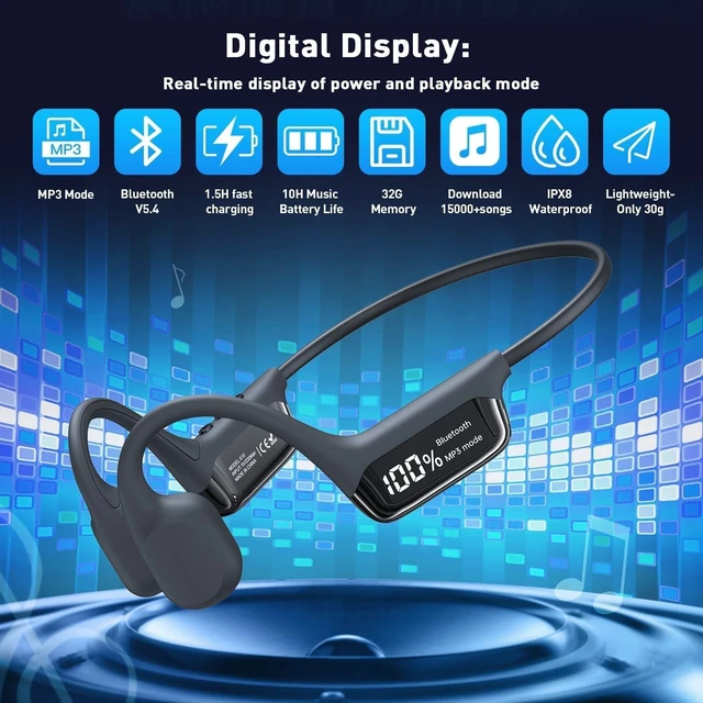 Alt view image 9 of 12 - Swimming Headphones,IPX8 Underwater Swimming Headphone with LED Display,Bone Conduction Swim Headphone Built-in 32G Memory MP3 Player,Open Ear Earphones for Running Cycling