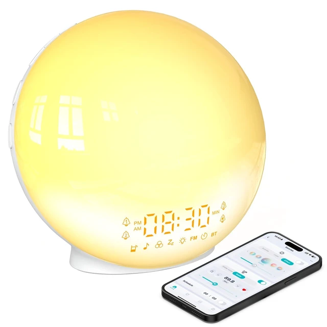 Alt view image 7 of 12 - Smart Sunrise Alarm Clock with No Signup APP Control & Wake-Up Light, 4 Alarms, Sound Machine, FM Radio, Wireless Speaker, White