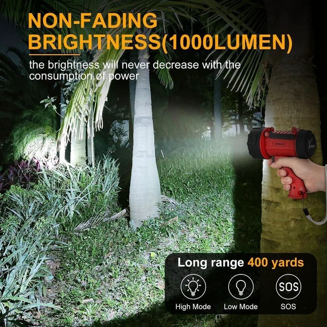 Alt view image 9 of 14 - YIERBLUE Rechargeable Spotlight Flashlight with 2000,000 High Lumen LED, IP67 Waterproof Long Running Spot Light searchlight, Impact Resistant Handheld Spotlight with Foldable Stand and Red Lens