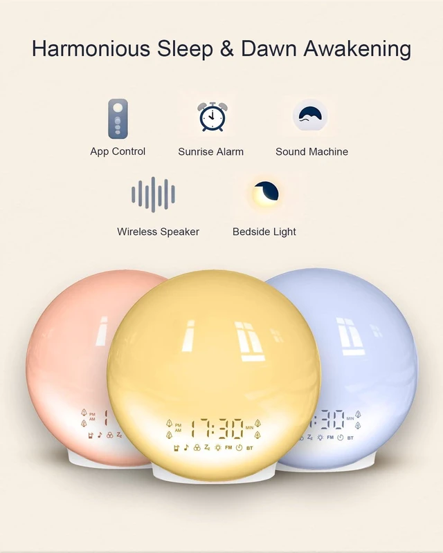 Alt view image 9 of 12 - Smart Sunrise Alarm Clock with No Signup APP Control & Wake-Up Light, 4 Alarms, Sound Machine, FM Radio, Wireless Speaker, White