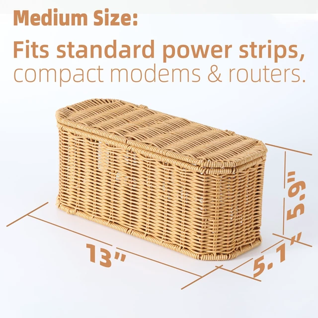 Alt view image 9 of 14 - Rattan Cable Management Box, Cord Organizer to Hide Cords & Power Strip | Metal framed handwoven rattan, ventilated to dissipate heat. Octagonal design & dual rear cable slots, boho home office decor
