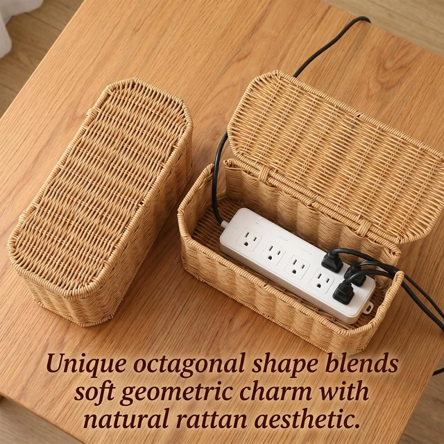 Alt view image 11 of 14 - Rattan Cable Management Box, Cord Organizer to Hide Cords & Power Strip | Metal framed handwoven rattan, ventilated to dissipate heat. Octagonal design & dual rear cable slots, boho home office decor