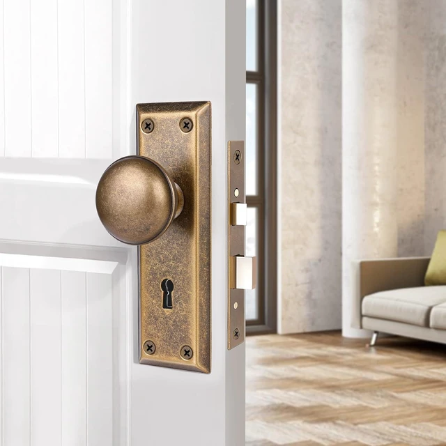 Alt view image 8 of 12 - Mortise Lock Set for Interior Door, Vintage Door Knobs with Lock and Skeleton Key, Antique Brass Door Knobs for Old Style Doors