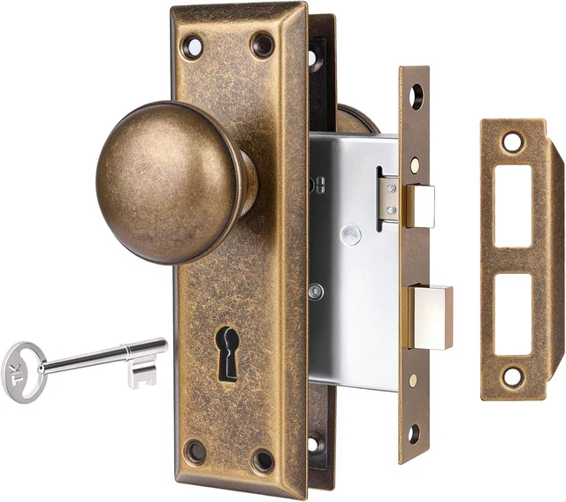 Alt view image 7 of 12 - Mortise Lock Set for Interior Door, Vintage Door Knobs with Lock and Skeleton Key, Antique Brass Door Knobs for Old Style Doors