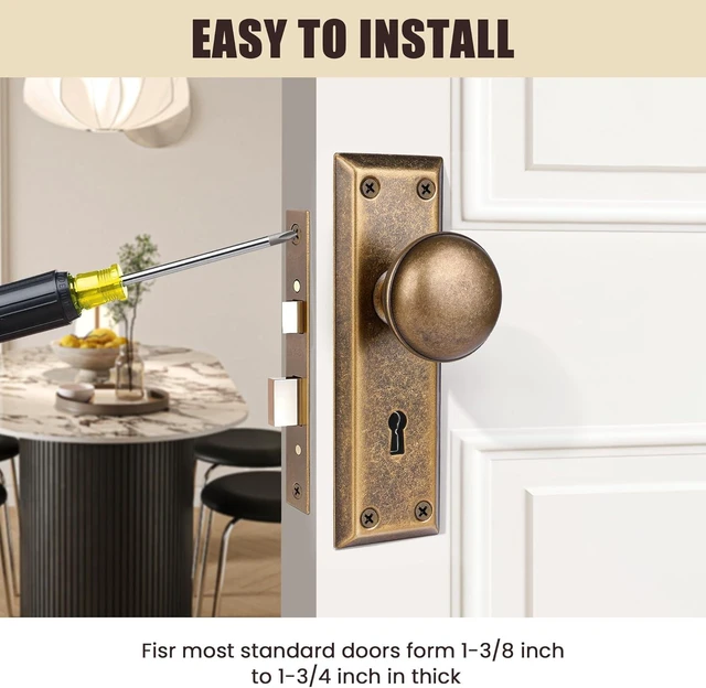 Alt view image 9 of 12 - Mortise Lock Set for Interior Door, Vintage Door Knobs with Lock and Skeleton Key, Antique Brass Door Knobs for Old Style Doors