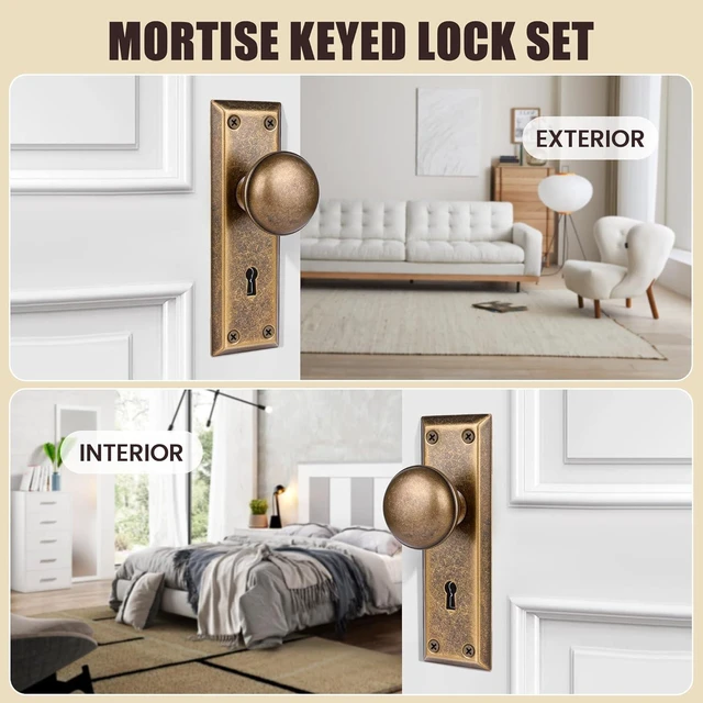 Alt view image 10 of 12 - Mortise Lock Set for Interior Door, Vintage Door Knobs with Lock and Skeleton Key, Antique Brass Door Knobs for Old Style Doors