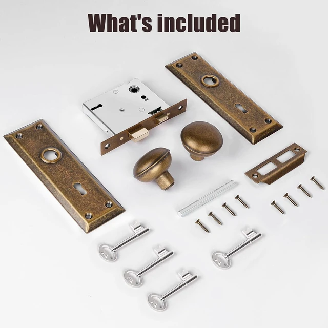 Alt view image 11 of 12 - Mortise Lock Set for Interior Door, Vintage Door Knobs with Lock and Skeleton Key, Antique Brass Door Knobs for Old Style Doors