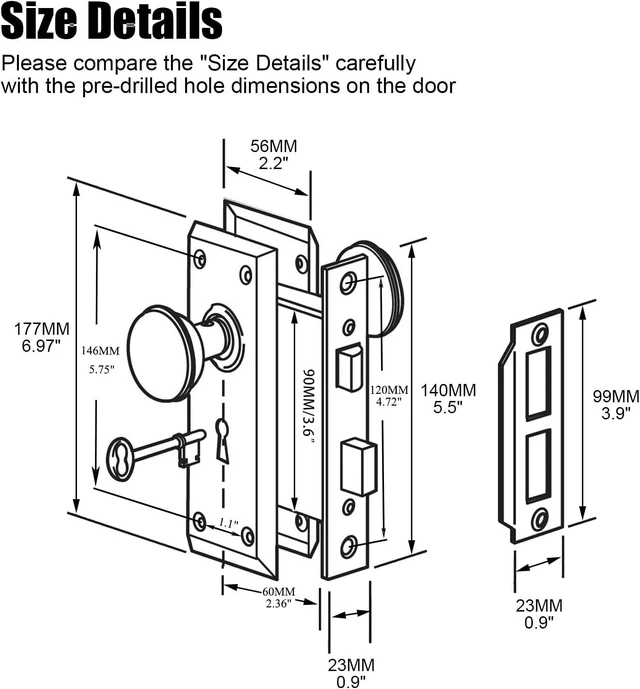 Alt view image 12 of 12 - Mortise Lock Set for Interior Door, Vintage Door Knobs with Lock and Skeleton Key, Antique Brass Door Knobs for Old Style Doors