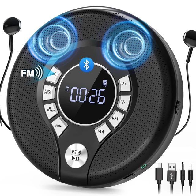 Alt view image 8 of 14 - Portable Bluetooth CD Player, CD Player for Car with FM Transmitter | 2000mAh Rechargeable, 120s Anti-Skip, Supports CD/MP3, USB/AUX Output, Stereo Speaker, Headphones for Home/Road Trips (Black