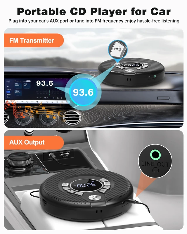 Alt view image 10 of 14 - Portable Bluetooth CD Player, CD Player for Car with FM Transmitter | 2000mAh Rechargeable, 120s Anti-Skip, Supports CD/MP3, USB/AUX Output, Stereo Speaker, Headphones for Home/Road Trips (Black