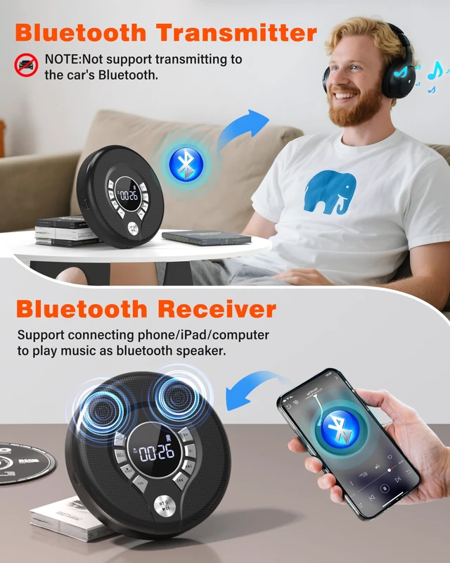 Alt view image 11 of 14 - Portable Bluetooth CD Player, CD Player for Car with FM Transmitter | 2000mAh Rechargeable, 120s Anti-Skip, Supports CD/MP3, USB/AUX Output, Stereo Speaker, Headphones for Home/Road Trips (Black