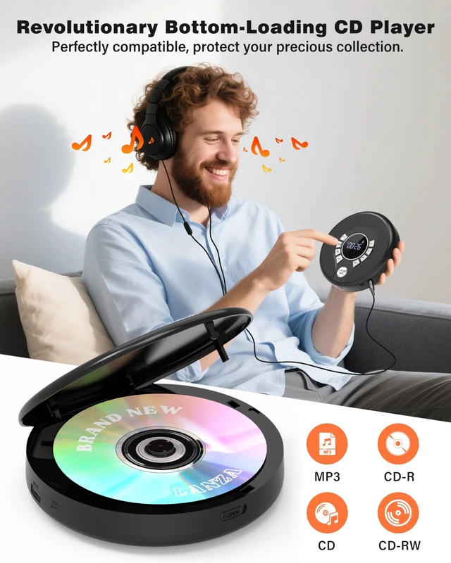 Alt view image 12 of 14 - Portable Bluetooth CD Player, CD Player for Car with FM Transmitter | 2000mAh Rechargeable, 120s Anti-Skip, Supports CD/MP3, USB/AUX Output, Stereo Speaker, Headphones for Home/Road Trips (Black