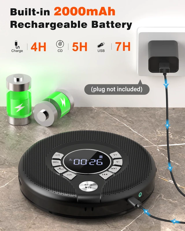 Alt view image 13 of 14 - Portable Bluetooth CD Player, CD Player for Car with FM Transmitter | 2000mAh Rechargeable, 120s Anti-Skip, Supports CD/MP3, USB/AUX Output, Stereo Speaker, Headphones for Home/Road Trips (Black
