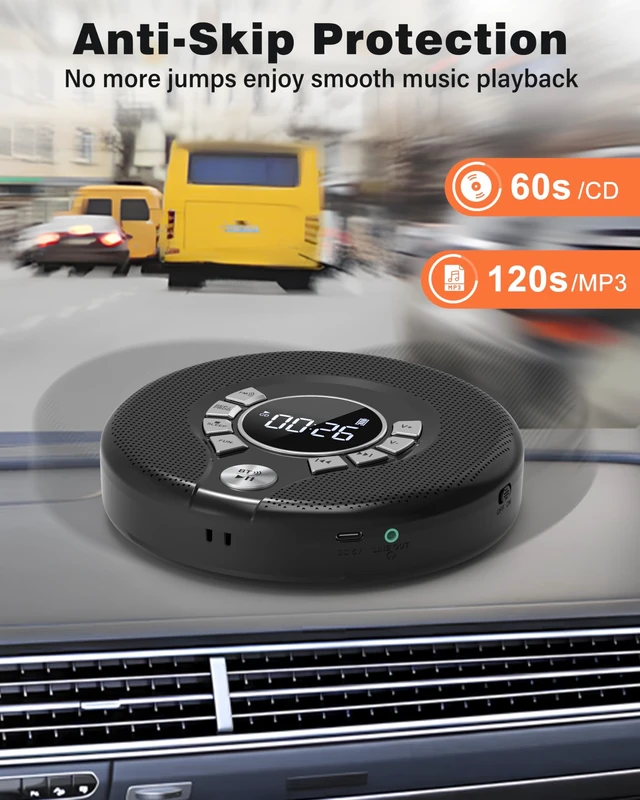Alt view image 14 of 14 - Portable Bluetooth CD Player, CD Player for Car with FM Transmitter | 2000mAh Rechargeable, 120s Anti-Skip, Supports CD/MP3, USB/AUX Output, Stereo Speaker, Headphones for Home/Road Trips (Black