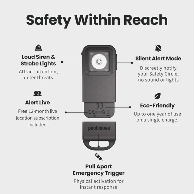 Alt view image 10 of 14 - Pebblebee Halo Personal Safety Alarm | Loud Siren & Strobe Lights with Location Sharing, Rechargeable Safety Keychain Device with Flashlight | Works with Apple Find My & Google Find Hub