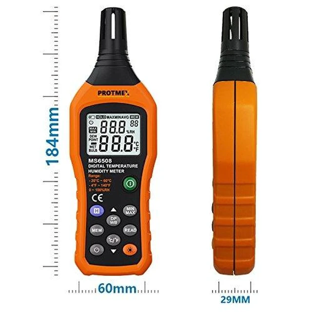 Alt view image 10 of 14 - Protmex PT6508 Temperature Humidity Meter, Digital Thermometer Hygrometer Monitor with Ambient, Dew Point, Wet Bulb for Indoor/Outdoor MIN, MAX, Data Hold, LCD Backlight