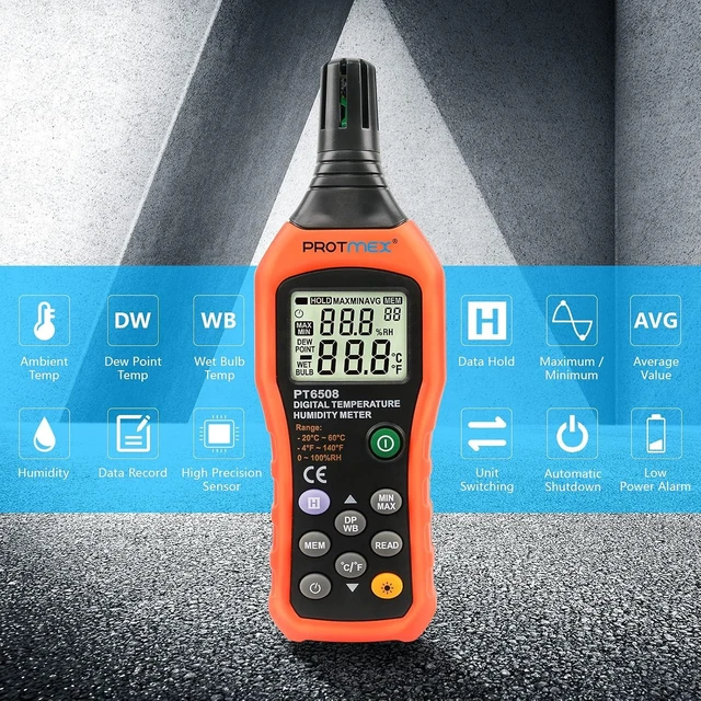 Alt view image 13 of 14 - Protmex PT6508 Temperature Humidity Meter, Digital Thermometer Hygrometer Monitor with Ambient, Dew Point, Wet Bulb for Indoor/Outdoor MIN, MAX, Data Hold, LCD Backlight