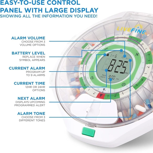 Alt view image 9 of 14 - 28-Day Automatic Pill Dispenser Clear Lid with Upgraded LCD Display and Key Lock, Sound & Light for Prescriptions, Medication, Vitamins, Supplements & More