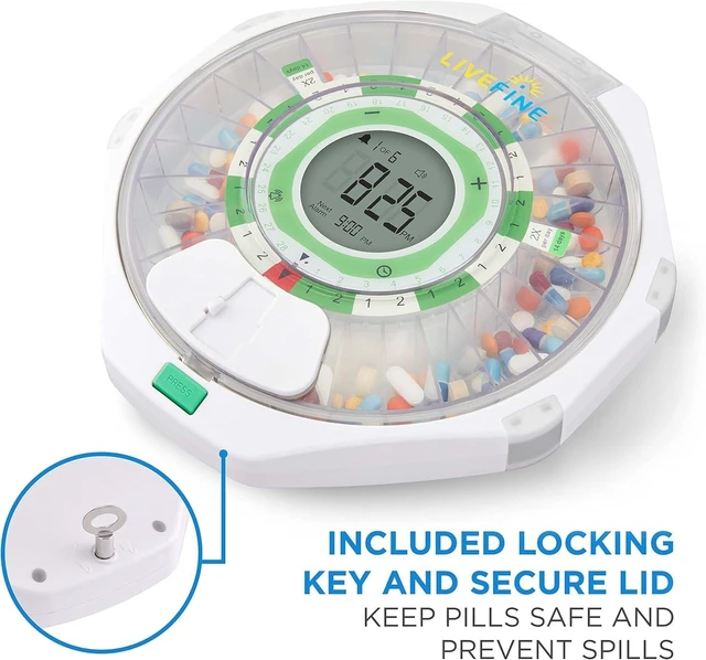 Alt view image 13 of 14 - 28-Day Automatic Pill Dispenser Clear Lid with Upgraded LCD Display and Key Lock, Sound & Light for Prescriptions, Medication, Vitamins, Supplements & More