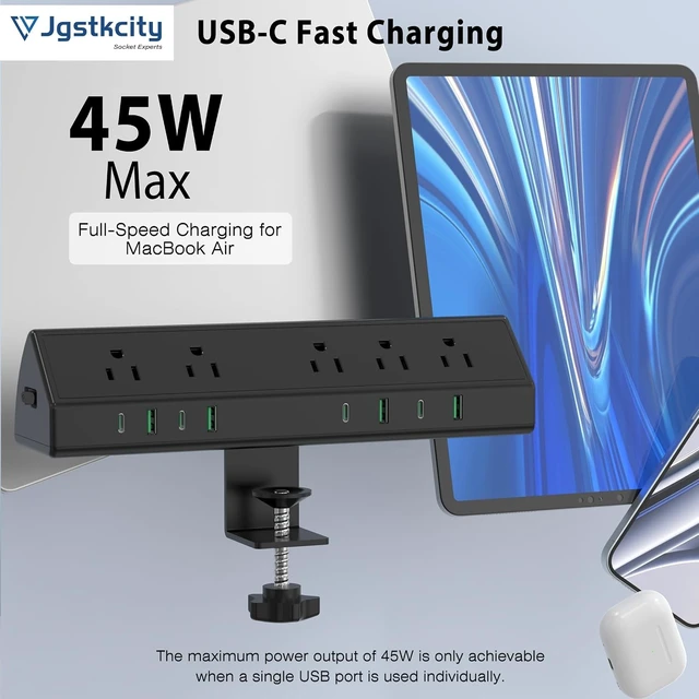 Alt view image 10 of 14 - Desk Clamp Power Strip,45W Fast Charging Station,4 USB-C,4 USB-A,Desk Mount Surge Protector,1875W Extension Cord with Multiple Outlets,ETL Listed,for Home Office Dorm Room