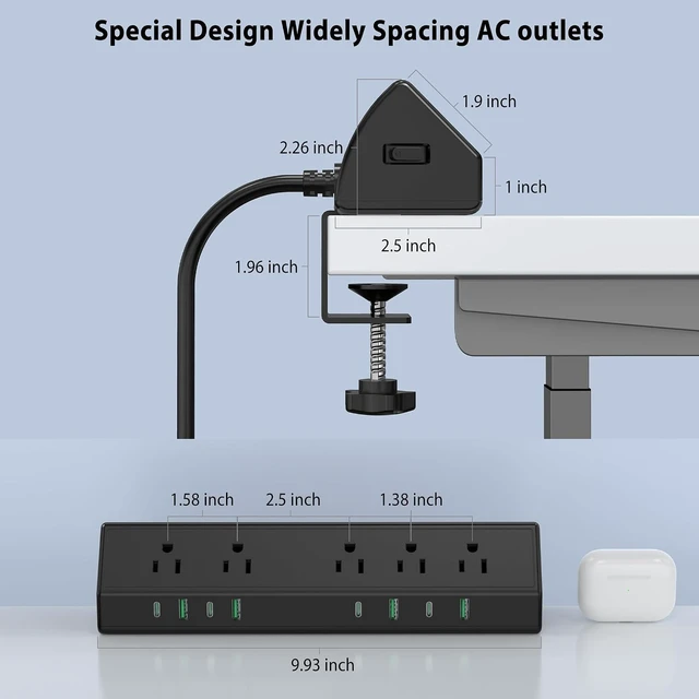 Alt view image 14 of 14 - Desk Clamp Power Strip,45W Fast Charging Station,4 USB-C,4 USB-A,Desk Mount Surge Protector,1875W Extension Cord with Multiple Outlets,ETL Listed,for Home Office Dorm Room