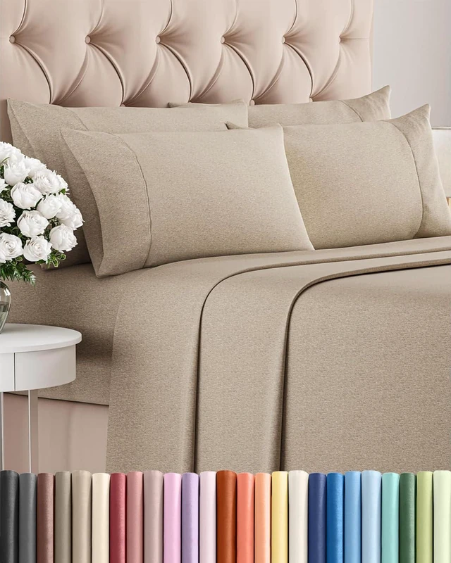 Alt view image 8 of 14 - Queen 6 Piece Sheet Set - Comfy Breathable & Cooling - Soft Hotel Luxury Bedding Set with 8-16 Inch Deep Pockets - 1 Flat & 1 Fitted Sheet & 4 Pillowcases - Wrinkle Free & Easy Care - Heathered Beige