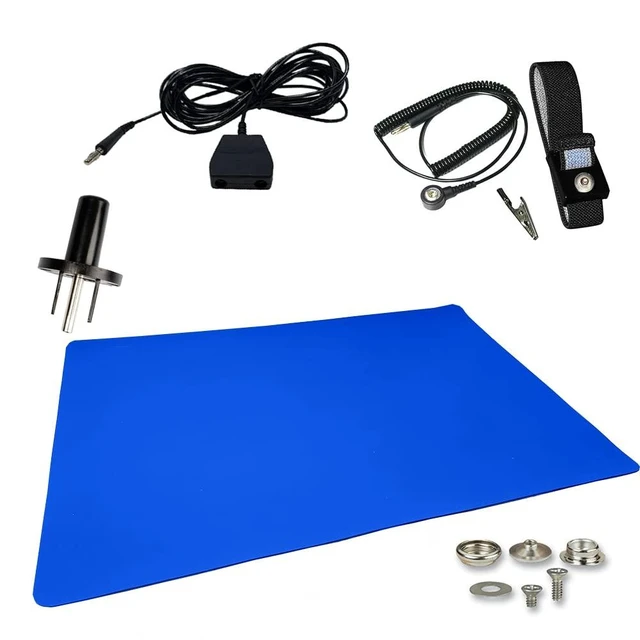 Alt view image 7 of 12 - ESD Compliant Mat Workstation Kit - 16"x24"x.060", Wrist Strap Set, Ground Cord, Universal Snap Kit, Easy to Use Outlet Adapter,Computer/Cellphone Repair Kit, Soldering Mat - Royal Blue