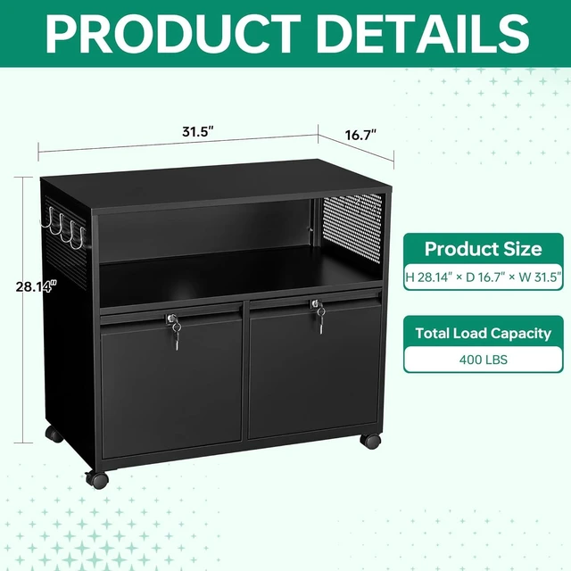 Alt view image 10 of 14 - Letaya Mobile 2 Drawer File Cabinet with Lock, Metal Lateral Printer Stand Filing Storage Cabinets with Shelves for Home Office-A4/F4/Letter (Black)