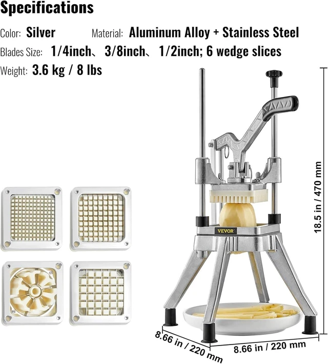 Alt view image 14 of 14 - VEVOR Commercial Vegetable Chopper w/ 4 Replacement Blades, Stainless Steel French Fry Cutter Potato Dicer & Fruit Slicer for Restaurants & Home Kitchen