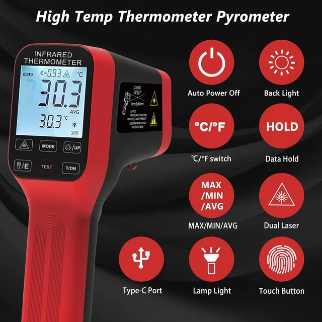 Alt view image 11 of 14 - -58°F to 2912°F High Temp Infrared Thermometer Gun DS=30:1,Industrial Infrared Thermometer with Bluetooth USB Rechargeable,Adjustable Emissivity, for Kiln, Forge,HVAC