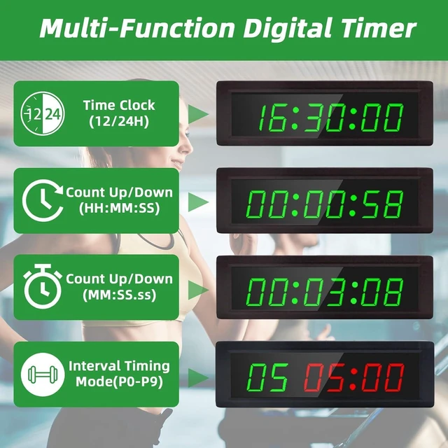Alt view image 11 of 14 - Gym Timer Clock with Remote Control & Push Button,7 RGB Color, Programmable Interval Timer, Countdown/Up Stopwatch,Wall Clock for Home Gym Garage,Portable Training Accessories(Plug-in)