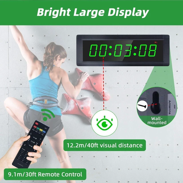 Alt view image 13 of 14 - Gym Timer Clock with Remote Control & Push Button,7 RGB Color, Programmable Interval Timer, Countdown/Up Stopwatch,Wall Clock for Home Gym Garage,Portable Training Accessories(Plug-in)