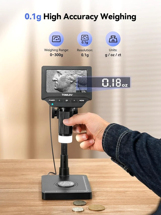 Alt view image 9 of 14 - TOMLOV DM4W Microscope with Weighing Scale: 4.3" Digital Coin Microscope with Screen, Error Coin Magnifier with Lights, Weight Scale for Collectors, Jeweler, Students, Compatible with Windows/Mac
