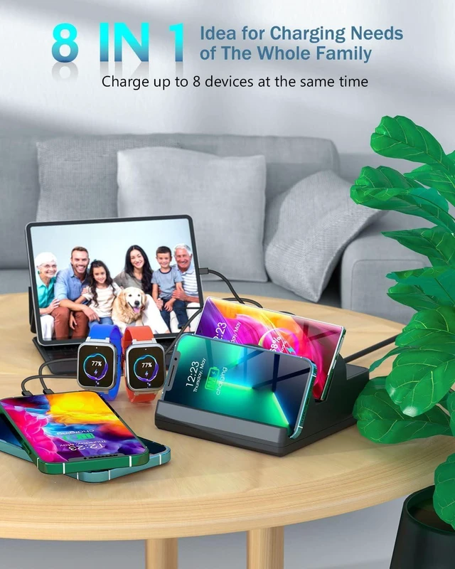 Alt view image 14 of 14 - Wireless Charging Station with 6 USB Ports, 8 in 1 15W Dual Wireless Charger Station, 2 QC/2 PD USB Fast Charging Station, 80W Phone Charger for iPhone14/13/12/11/X/Samsung/Android/iWatch