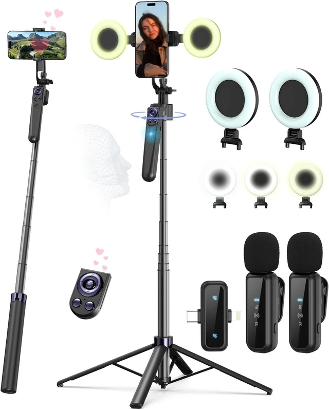 Alt view image 8 of 14 - Vlogging Kit for iPhone/Android, 63Auto Face Tracking Tripod for iPhone with Light, Wireless Microphones, Scrolling Remote Control for TikTok, Content Creator Kit for YouTube Starter
