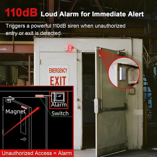 Alt view image 9 of 14 - Exit Door Alarm with 110dB Siren, Emergency Exit Security Device, Easy Installation, Battery Powered, Magnetic Sensor for Unauthorized Entry Prevention, Home, Warehouse, Office, Retail Use
