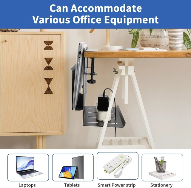 Alt view image 12 of 14 - 2-in-1 Steel Under-Desk Laptop Holder Side Storage with Cable Management Tray, Space-Saving Table Organizer for Office & Home (Black)