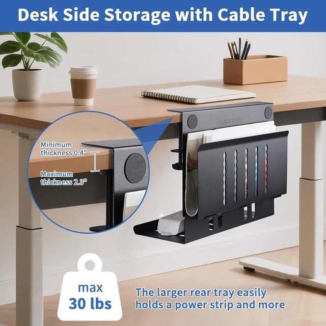 Alt view image 9 of 14 - 2-in-1 Steel Under-Desk Laptop Holder Side Storage with Cable Management Tray, Space-Saving Table Organizer for Office & Home (Black)