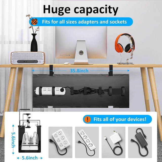 Alt view image 9 of 14 - Under Desk Cable Management Tray - Under Desk Cord Management - Clamp/Screw Mount - Fabric Wire Management - Cable Raceways Tray Cord Hiders for Office/Home (Black, 35.8"×5.6")