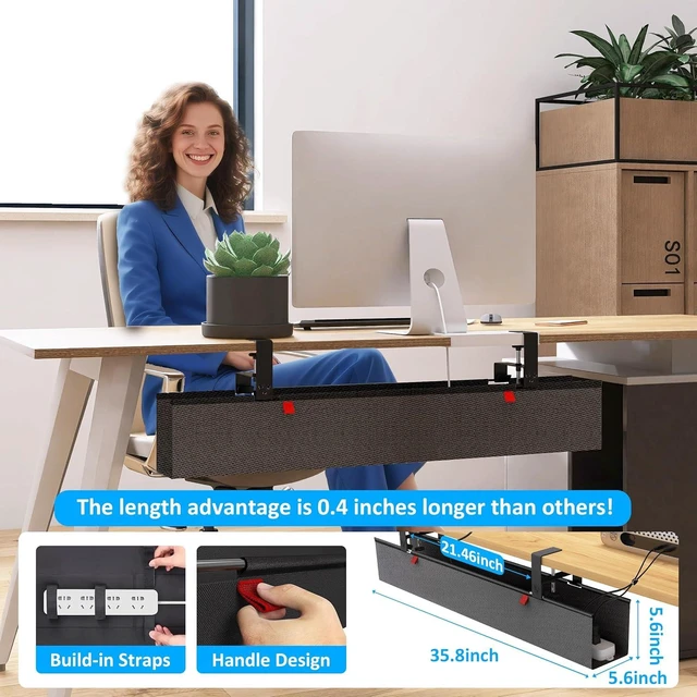 Alt view image 14 of 14 - Under Desk Cable Management Tray - Under Desk Cord Management - Clamp/Screw Mount - Fabric Wire Management - Cable Raceways Tray Cord Hiders for Office/Home (Black, 35.8"×5.6")