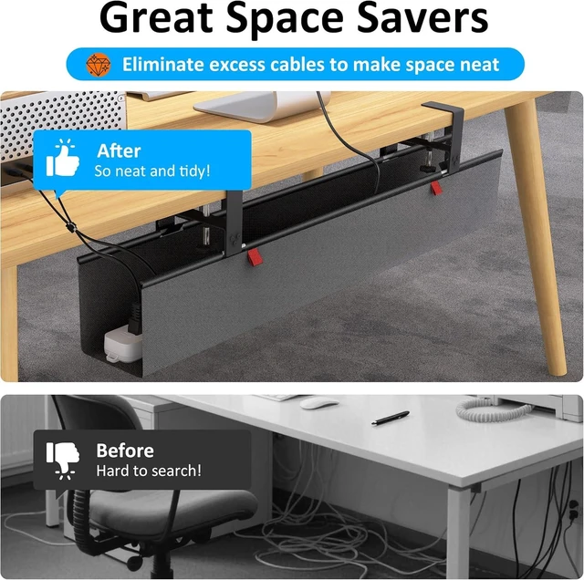 Alt view image 13 of 14 - Under Desk Cable Management Tray - Under Desk Cord Management - Clamp/Screw Mount - Fabric Wire Management - Cable Raceways Tray Cord Hiders for Office/Home (Black, 35.8"×5.6")