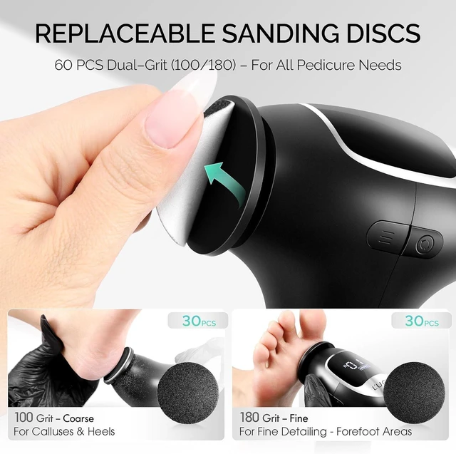 Alt view image 14 of 14 - Electric Callus Remover for Feet Powerful 8N·cm Torque Professional Pedicure Foot File, 3-Speed Settings, LCD Display, 60pcs Sandpaper Discs, Type-C Rechargeable, Ergonomic Handle