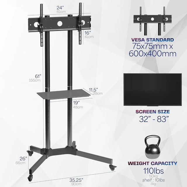 Alt view image 13 of 14 - Mobile TV Cart for 32 to 83 inch Screens up to 110 lbs, LCD LED OLED 4K Smart Flat and Curved Panels, Rolling Stand with Laptop DVD Shelf, Locking Wheels, Max VESA 600x400, Black, STAND-TV03E