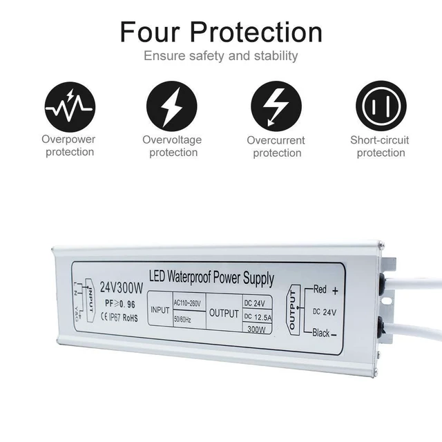 Alt view image 9 of 14 - LED Driver, 300W IP67 Waterproof Outdoor Power Supply, AC 110-260V to DC 24V 12.5A Low Voltage Transformer, Adapter with 3-Prong Plug for LED Light, Computer Project, Outdoor Use