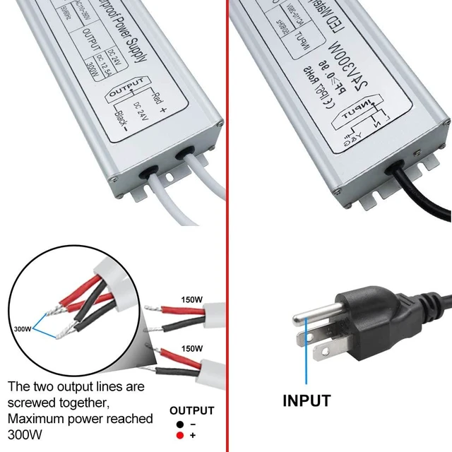 Alt view image 10 of 14 - LED Driver, 300W IP67 Waterproof Outdoor Power Supply, AC 110-260V to DC 24V 12.5A Low Voltage Transformer, Adapter with 3-Prong Plug for LED Light, Computer Project, Outdoor Use