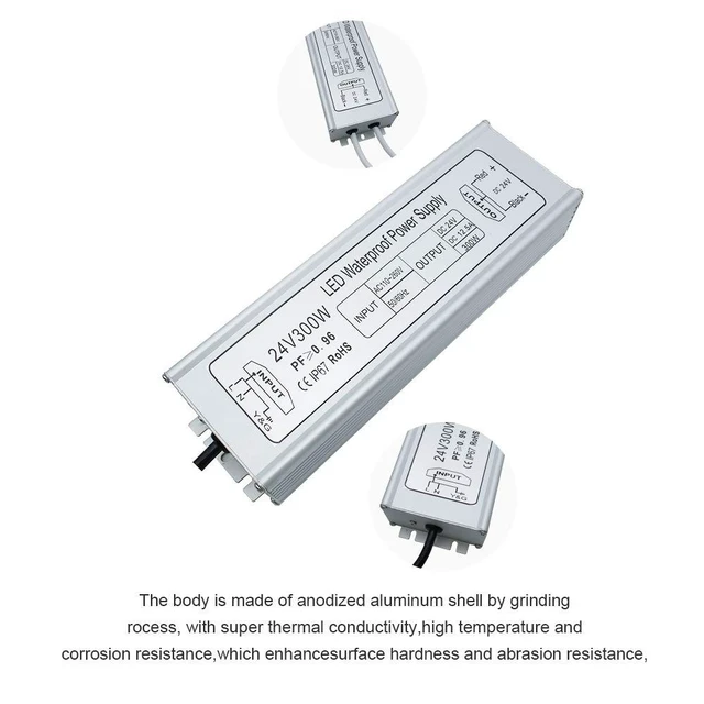 Alt view image 13 of 14 - LED Driver, 300W IP67 Waterproof Outdoor Power Supply, AC 110-260V to DC 24V 12.5A Low Voltage Transformer, Adapter with 3-Prong Plug for LED Light, Computer Project, Outdoor Use