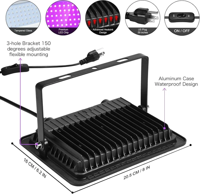 Alt view image 11 of 14 - 2 Pack 150W Black Light Flood Light, Blacklight with Plug, IP66 Waterproof for Glow Party, Halloween, Neon Glow, Aquarium,Fluorescent Poster,Body Paint,Glow in The Dark